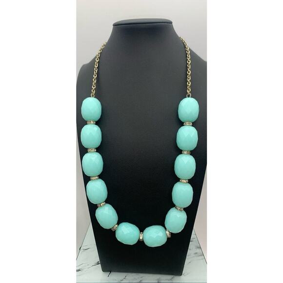 J. Crew Gold Tone Necklace W Faceted Acrylic Aquamarine Ice Blue Color Beads - Picture 4 of 5